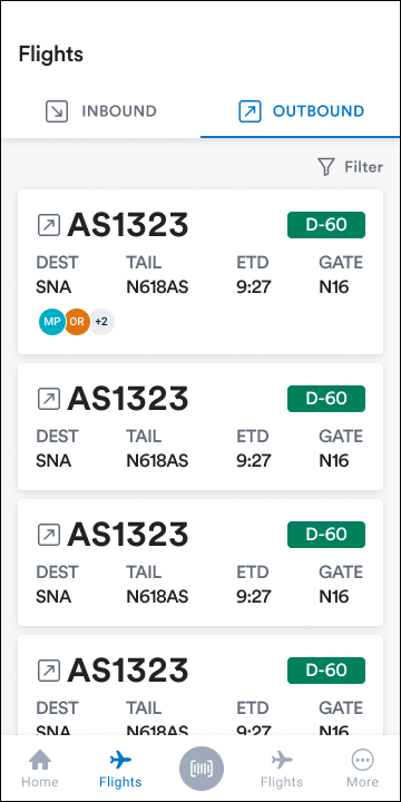 Updated Flights design showing outbound flight cards and the filter control