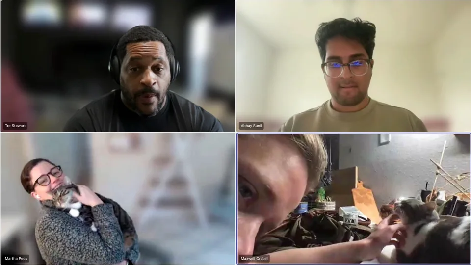 Virtual working session with Tre Stewart and teammates in a video meeting grid