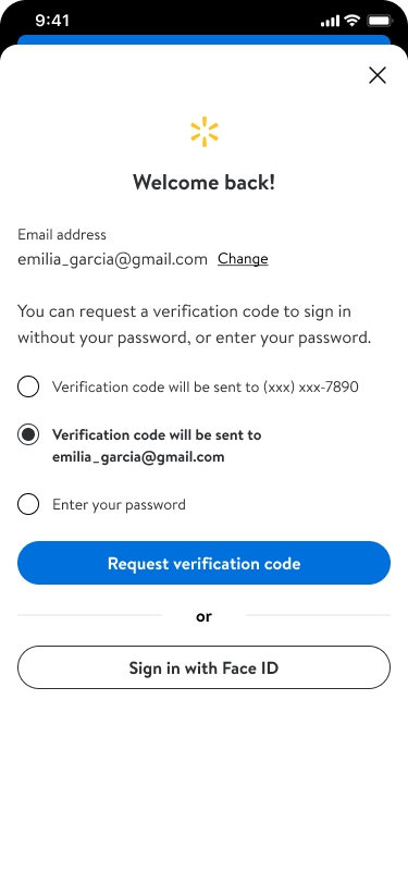 Walmart Passkey sign-in design with the Sign in with Face ID action.
