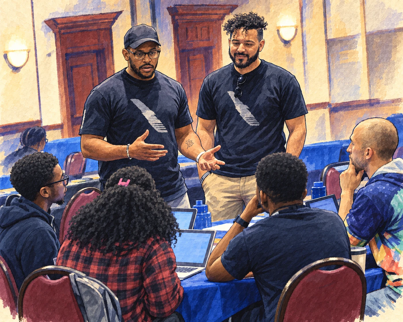 Illustrated interpretation of Tre guiding participants through a hands-on workshop with a colleague