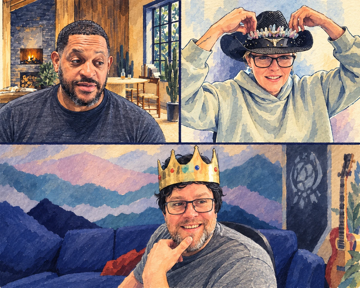 Illustrated interpretation of Tre sharing a playful weekly video call with two teammates