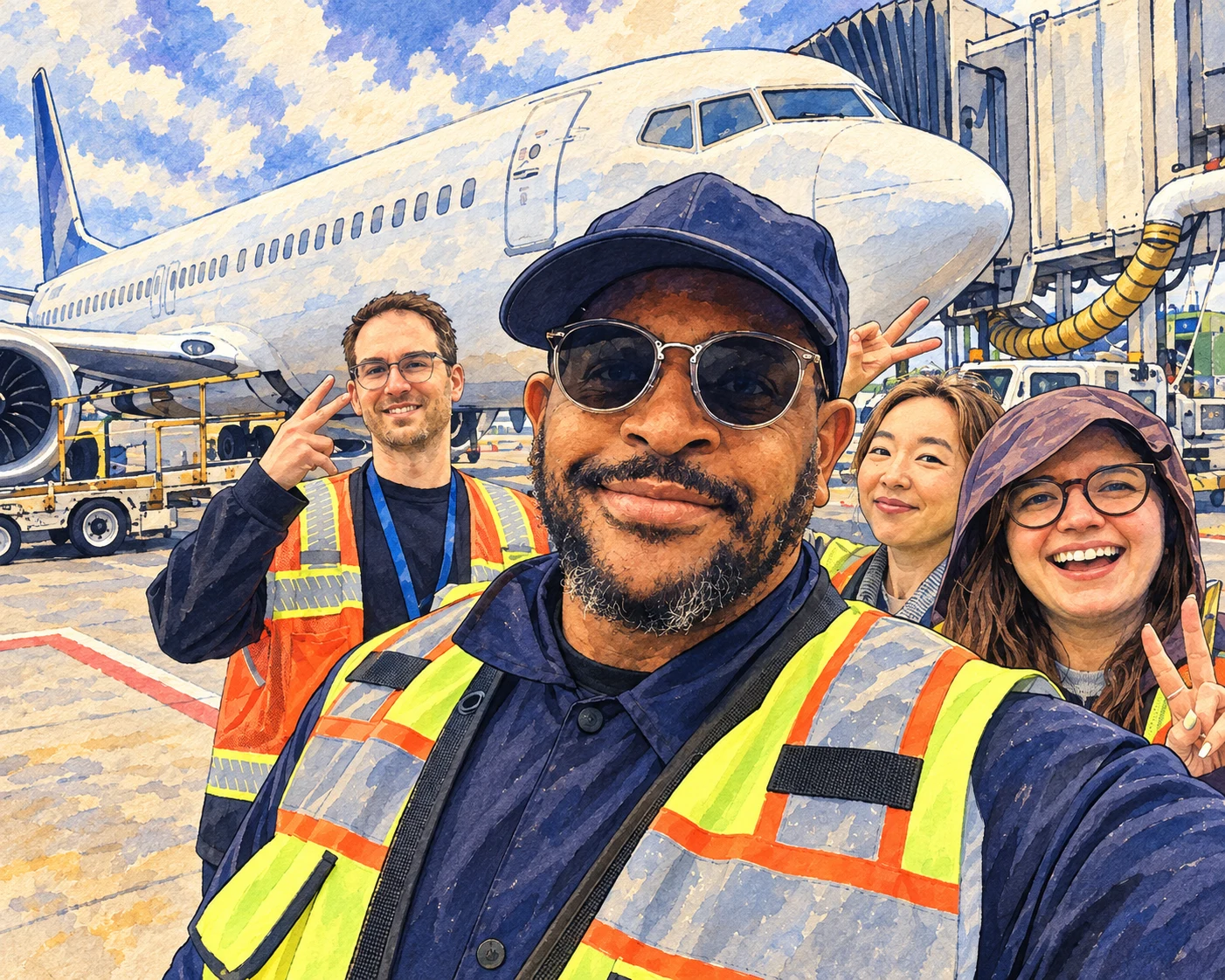 Illustrated interpretation of Tre and teammates beside an aircraft during a field visit